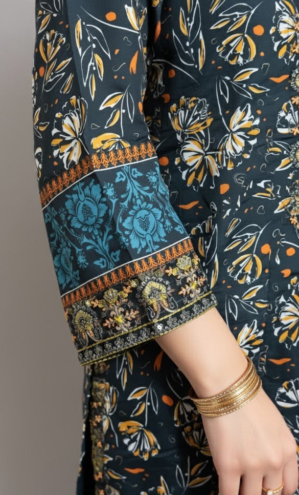 Sophisticated Dark Teal Crepe Silk Shalwar Kameez with Dupatta - Embroidered Floral Suit for Formal, Wedding & Party in UK | Pakistani Suits