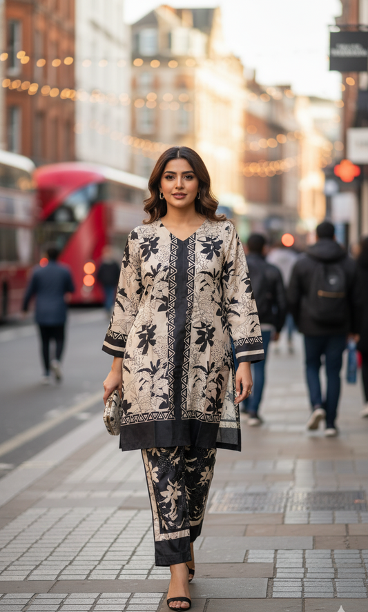 Monochrome Silk Co-ord Set UK - Black & Cream Floral Printed Shalwar Kameez for Formal & Casual Wear in UK | Pakistani Suits