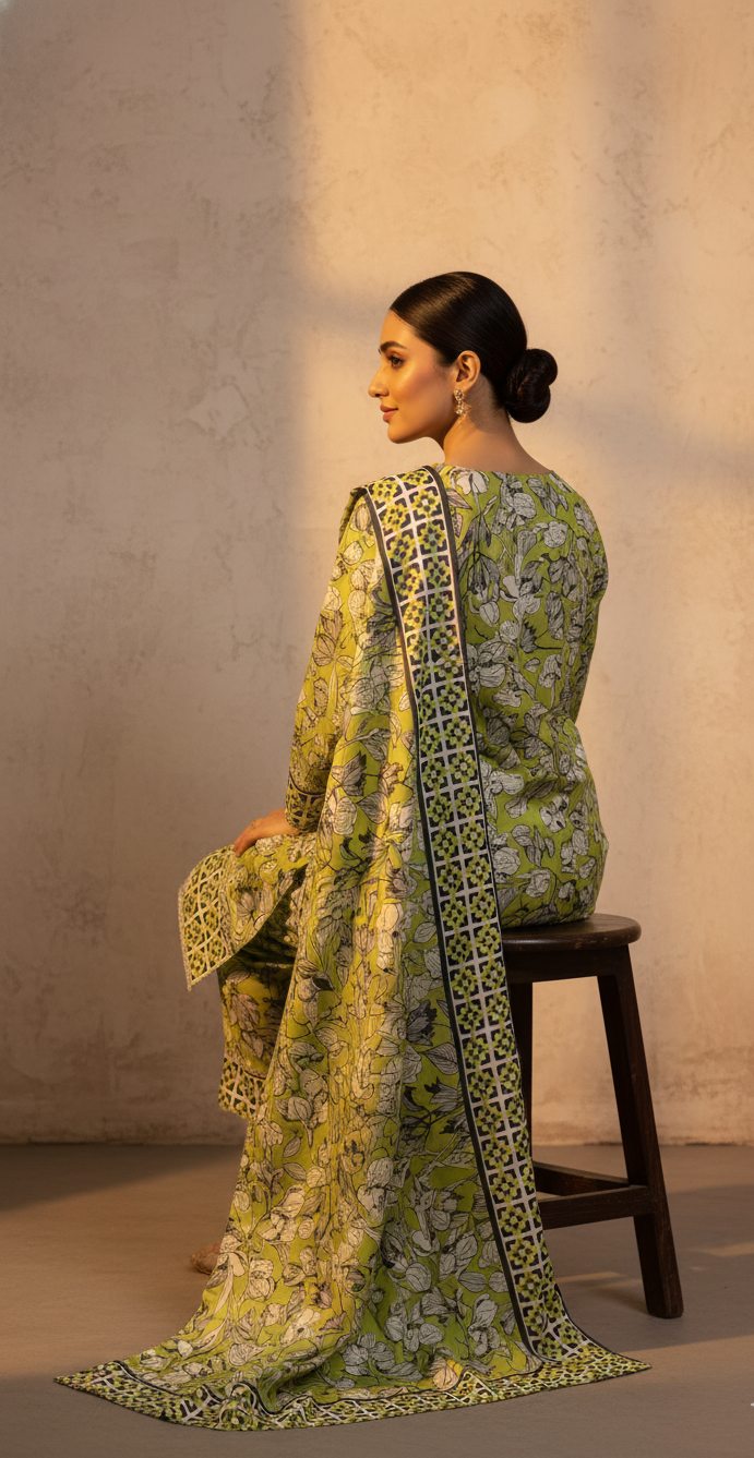 Vibrant Lime Green Crepe Silk Shalwar Kameez with Dupatta - Embroidered Floral Suit for Eid, Wedding & Party in UK | Pakistani Suits