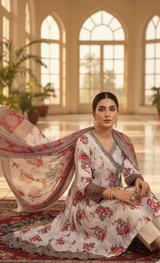 Elegant White Crepe Angrakha Frock with Dupatta - Embroidered Floral Suit for Wedding, Eid & Formal Party in UK | Pakistani Suits