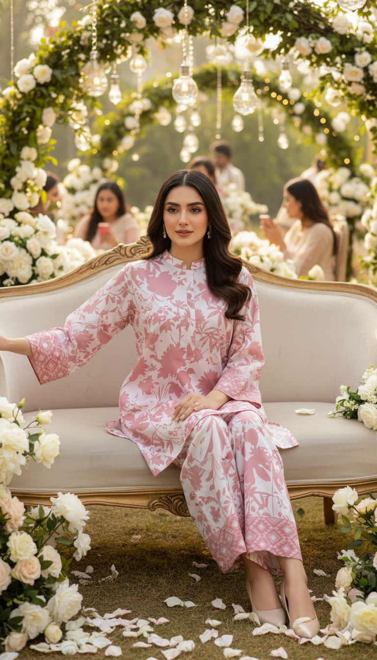 Chic Pink & White Silk Co-ord Set UK - Modern Floral Printed Shalwar Kameez for Casual & Formal Wear in UK | Pakistani Suits - Ibrahimis