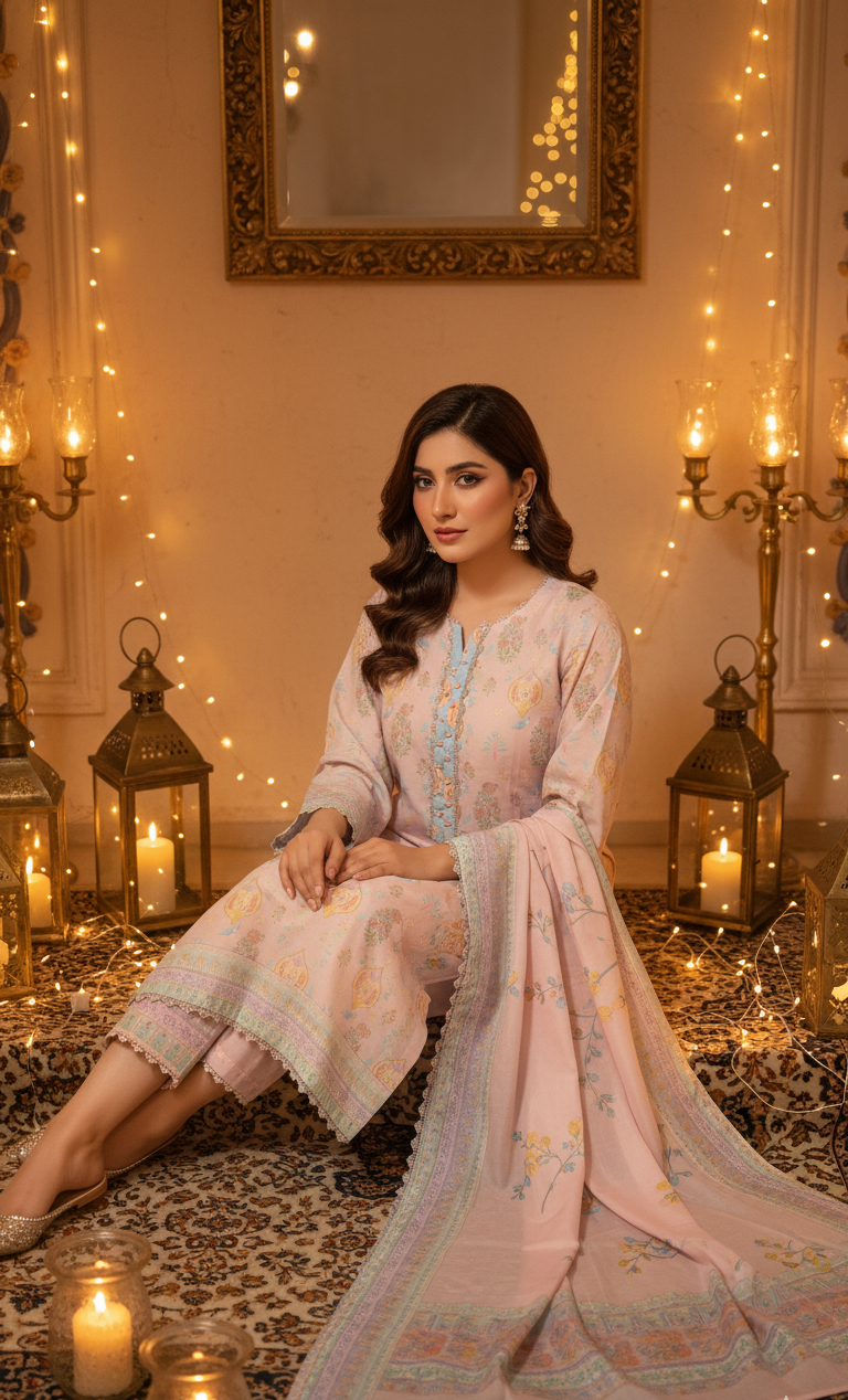 Ethereal Pale Pink Crepe Silk Suit with Lavender Dupatta - Embroidered Floral Design for Formal, Wedding & Party in UK | Pakistani Suits