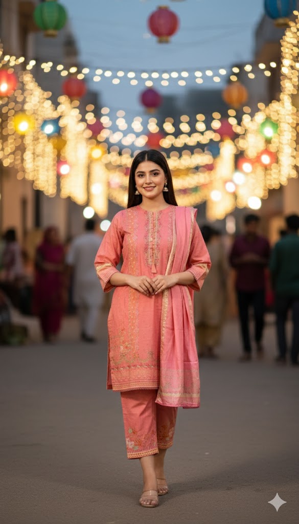 Elegant Coral Pink Crepe Silk Shalwar Kameez with Dupatta - Printed Formal Suit for Eid, Wedding & Party in UK | Pakistani Suits