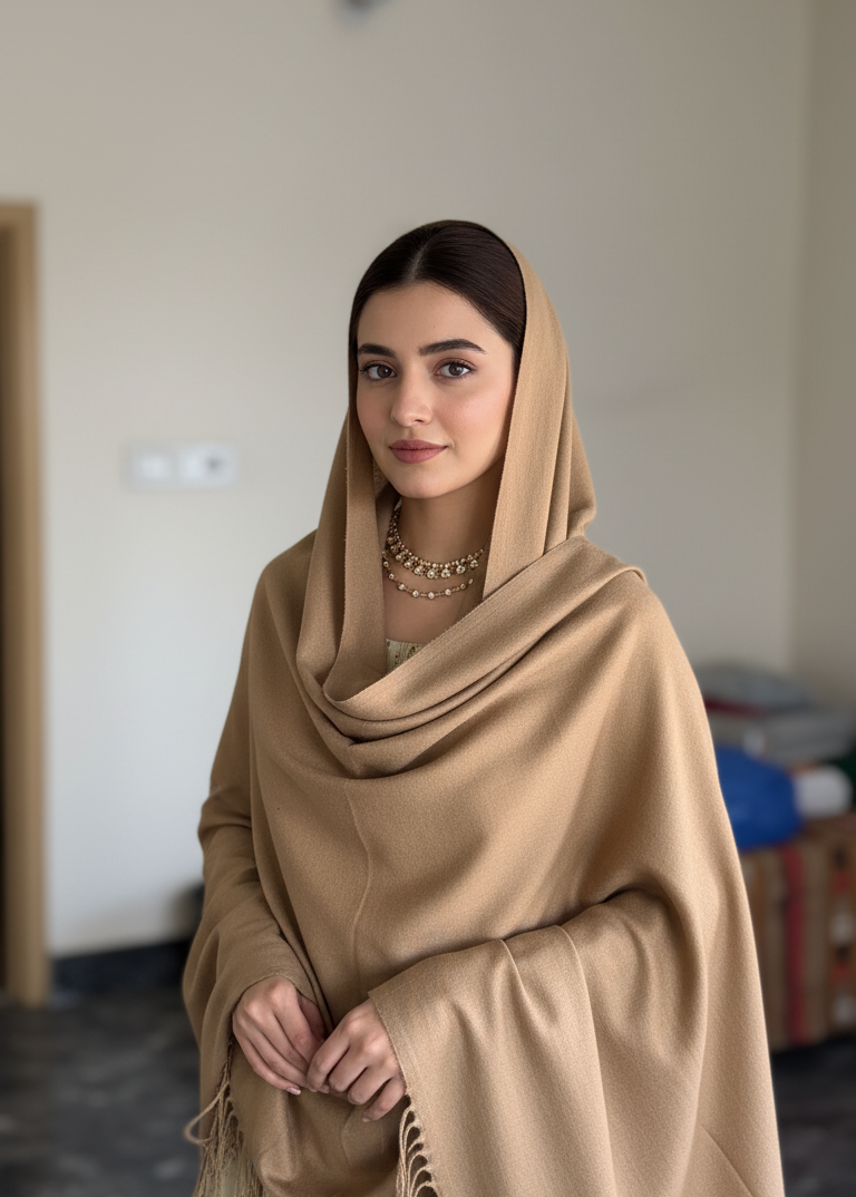 Premium Camel Beige Pure Pashmina Wool Shawl | Hand-Woven Himalayan Stole in UK | Pakistani Shawls & Stoles - Ibrahimis