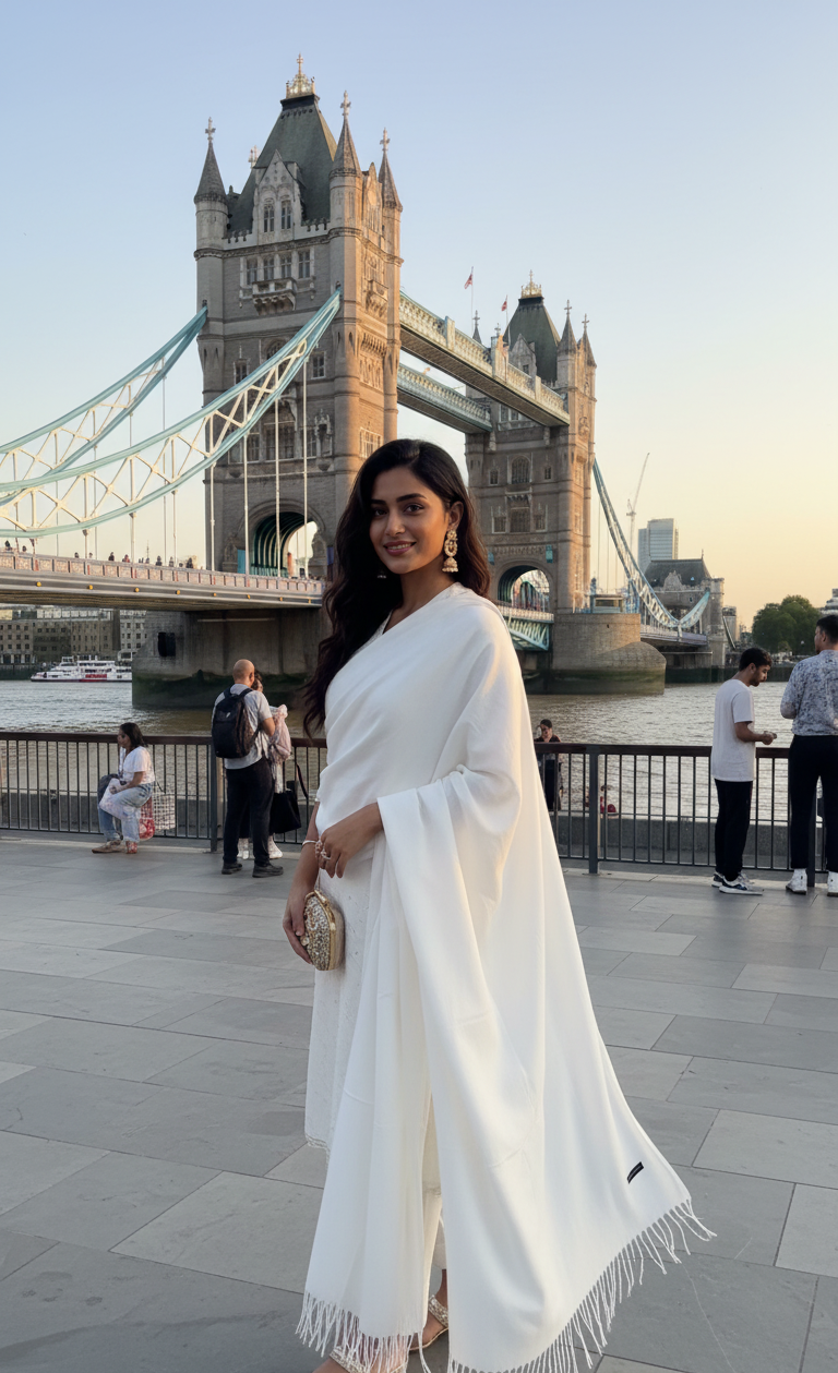 Pure Ivory White Pashmina Wool Shawl | Hand-Woven Bridal Cashmere Stole in UK | Pakistani Shawls & Stoles