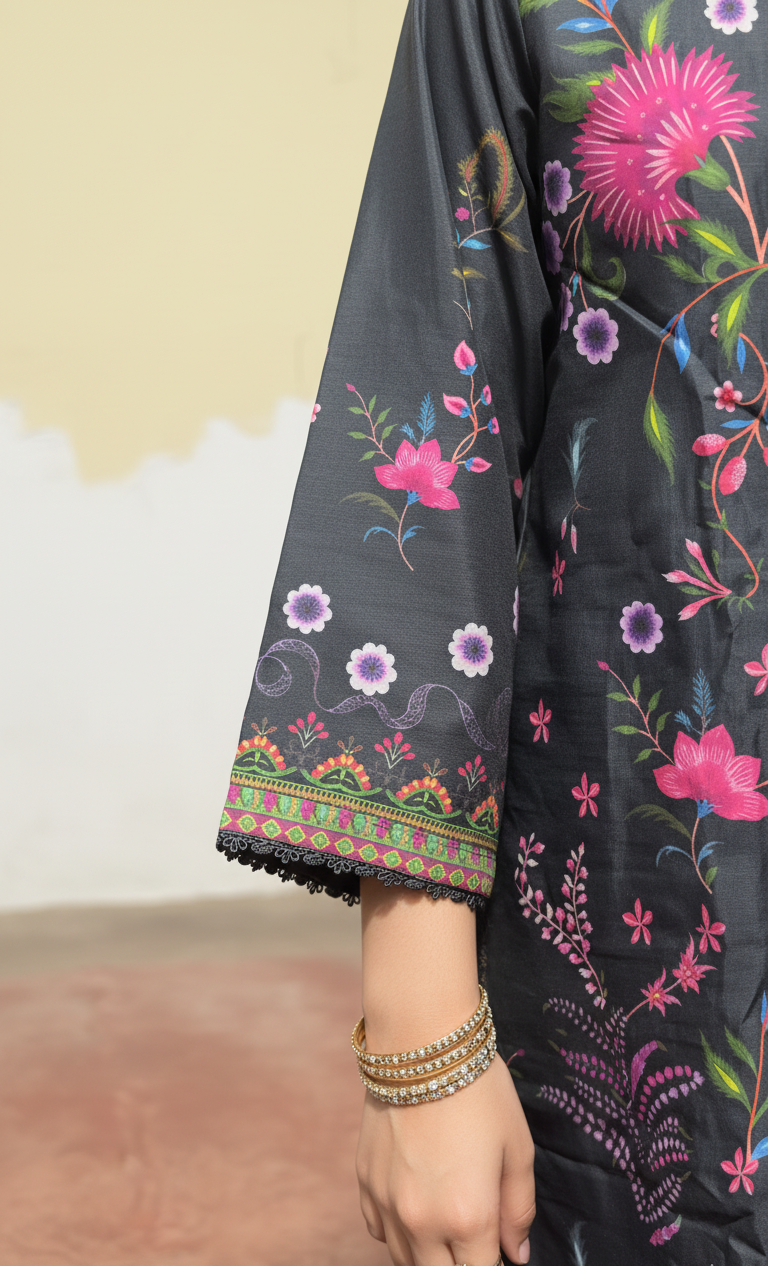 Striking Charcoal Black Crepe Silk Suit with Dupatta - Vibrant Floral Print & Lace for Formal, Party & Eid in UK | Pakistani Suits