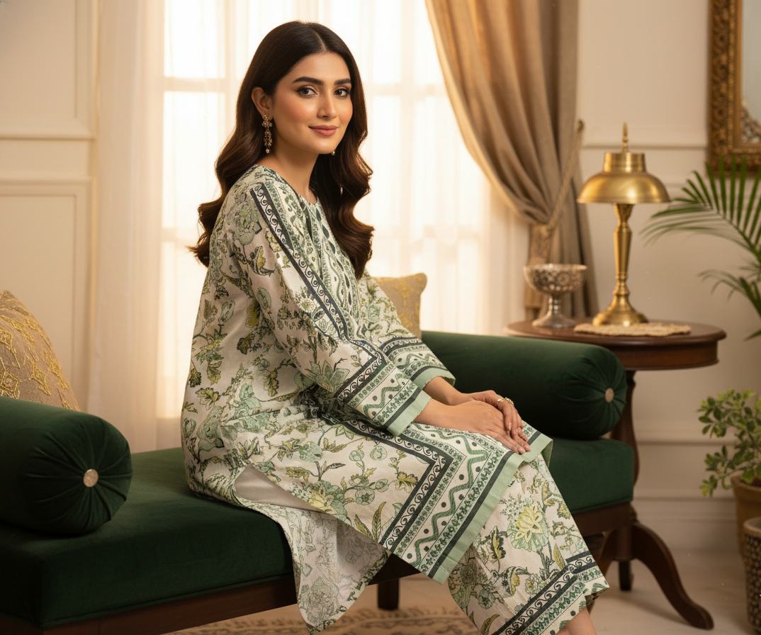 Elegant Cream & Olive Green Silk Co-ord Set UK - Printed Shalwar Kameez for Casual & Semi-Formal Wear in UK | Pakistani Suits
