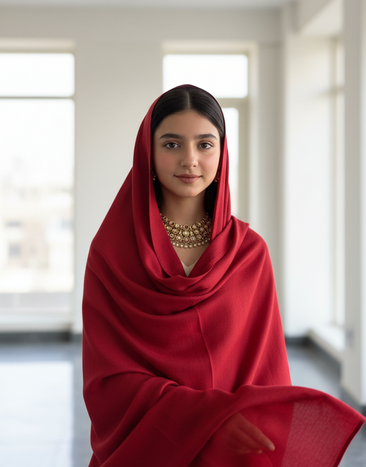 Luxury Scarlet Red Pure Pashmina Wool Shawl | Hand-Woven Bridal Stole in UK | Pakistani Shawls & Stoles