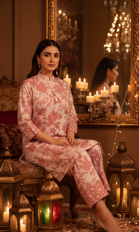 Chic Pink & White Silk Co-ord Set UK - Modern Floral Printed Shalwar Kameez for Casual & Formal Wear in UK | Pakistani Suits