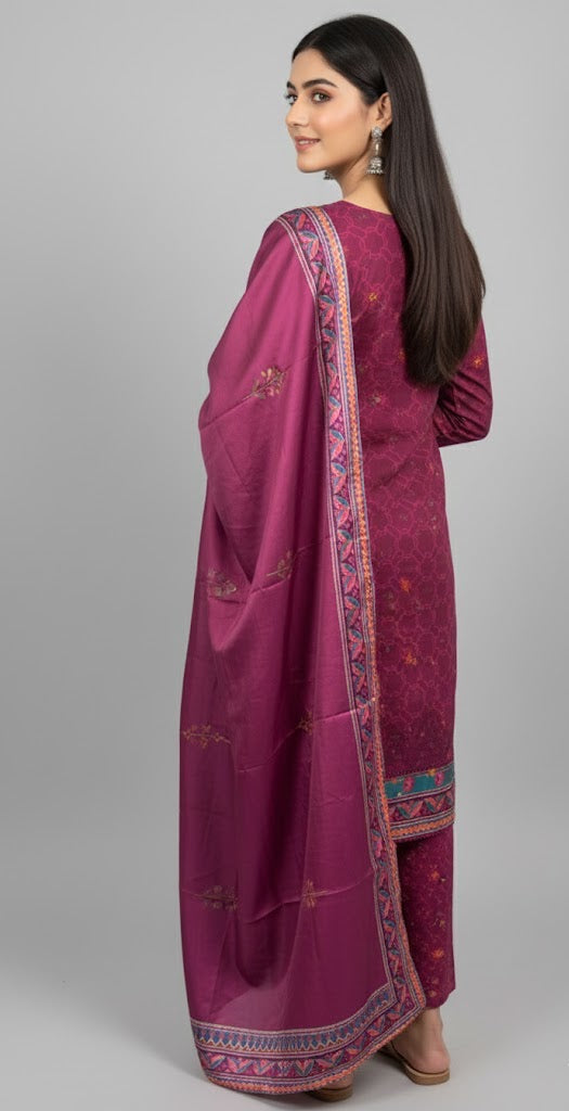 Luxurious Magenta Crepe Silk Shalwar Kameez with Dupatta - Printed Floral Suit with Lace for Eid, Wedding & Party in UK | Pakistani Suits - Ibrahimis