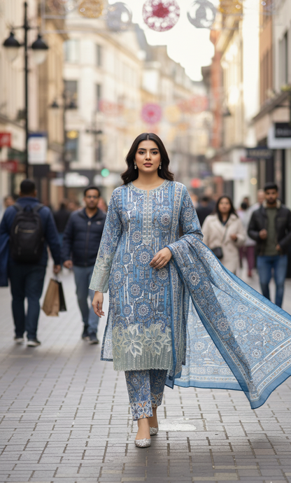 Stunning Blue & White Crepe Silk Shalwar Kameez with Dupatta - Embroidered Mandala Suit for Eid, Wedding & Party in UK | Pakistani Suits