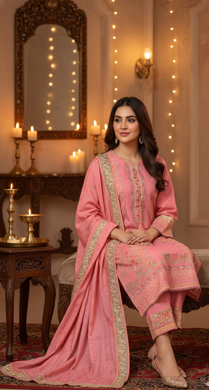 Elegant Coral Pink Crepe Silk Shalwar Kameez with Dupatta - Printed Formal Suit for Eid, Wedding & Party in UK | Pakistani Suits