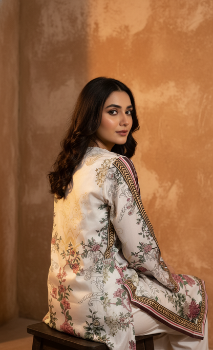 Elegant White & Maroon Silk Co-ord Set UK - Floral Printed Shalwar Kameez for Casual & Formal Events in UK | Pakistani Suits