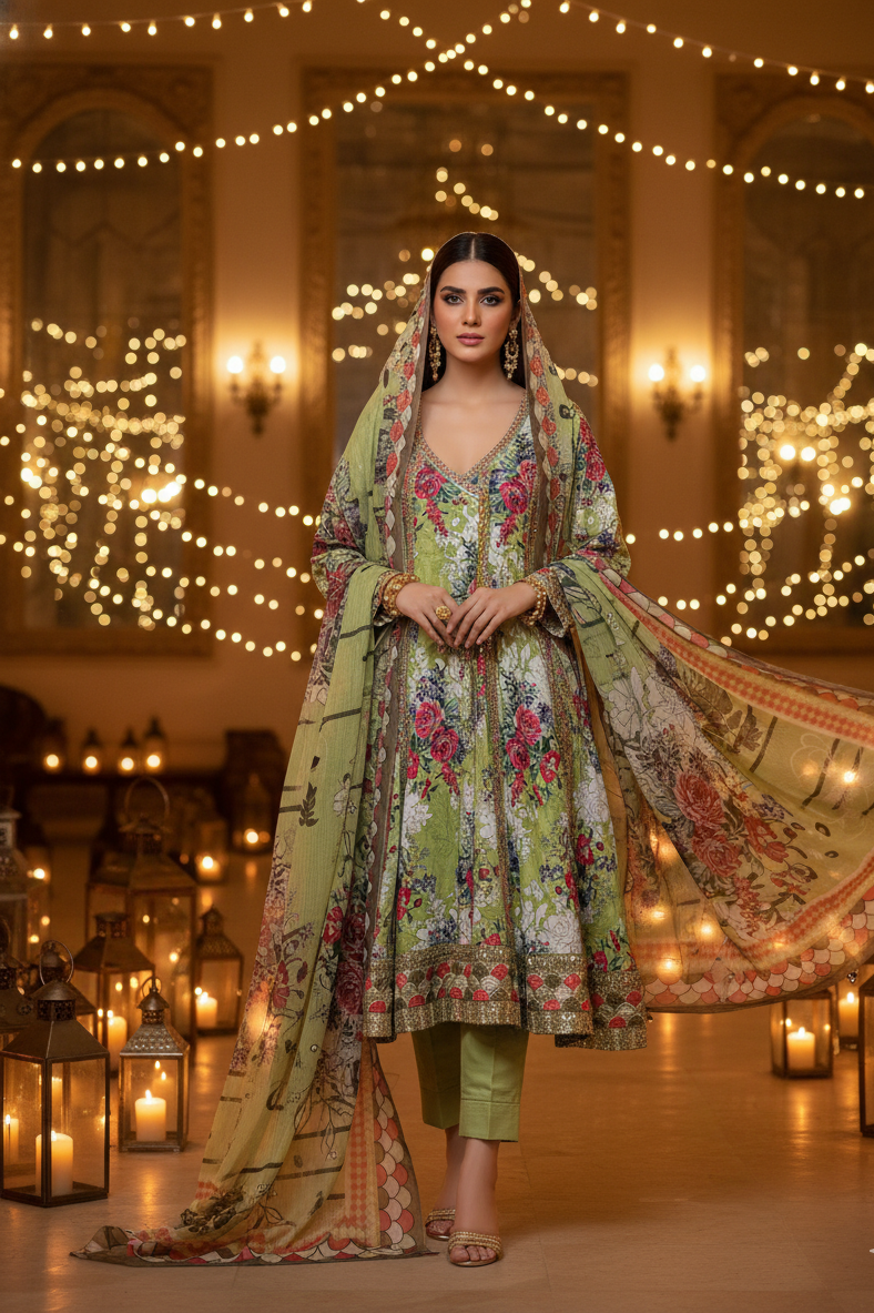 Stunning Lime Green Crepe Angrakha Frock with Dupatta - Embroidered Floral Suit for Wedding, Eid & Formal Party in UK | Pakistani Suits - Ibrahimis