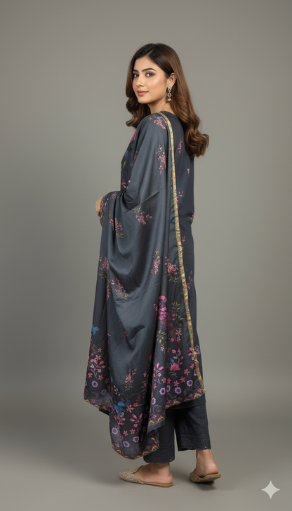 Striking Charcoal Black Crepe Silk Suit with Dupatta - Vibrant Floral Print & Lace for Formal, Party & Eid in UK | Pakistani Suits