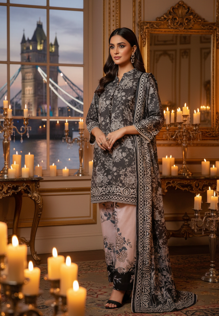 Chic Charcoal & White Silk Co-ord Set UK - Printed Floral Shalwar Kameez for Casual & Semi-Formal  in UK | Pakistani SuitsWear