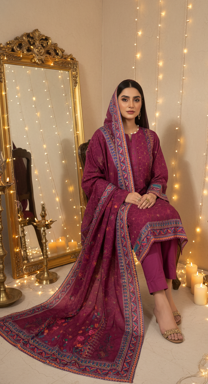 Luxurious Magenta Crepe Silk Shalwar Kameez with Dupatta - Printed Floral Suit with Lace for Eid, Wedding & Party in UK | Pakistani Suits - Ibrahimis