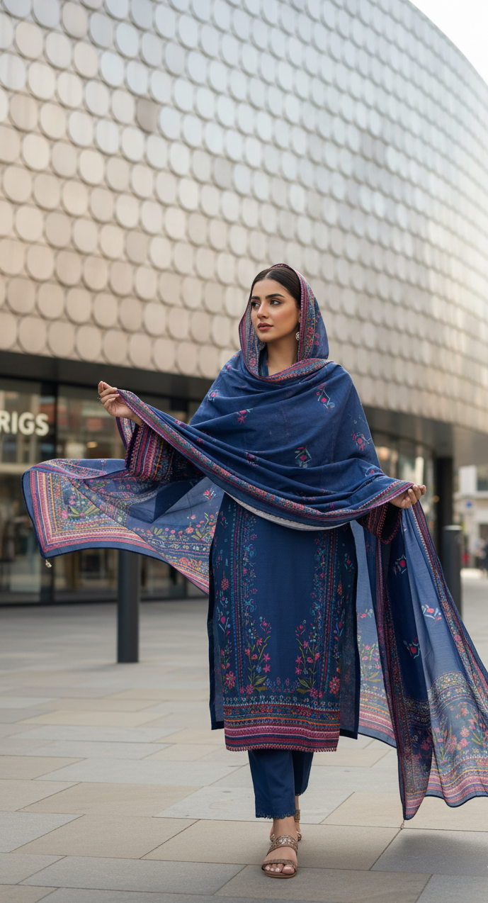 Exquisite Deep Blue Crepe Silk Shalwar Kameez with Dupatta - Printed Floral Suit for Eid, Wedding & Party  in UK | Pakistani Suits - Ibrahimis