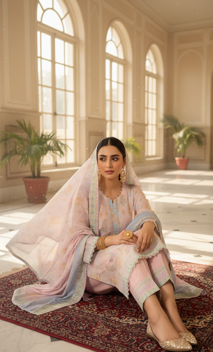 Ethereal Pale Pink Crepe Silk Suit with Lavender Dupatta - Embroidered Floral Design for Formal, Wedding & Party in UK | Pakistani Suits