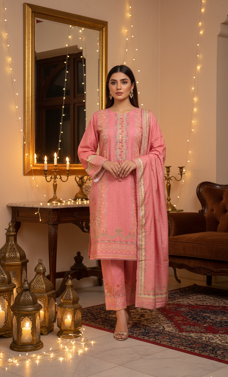 Elegant Coral Pink Crepe Silk Shalwar Kameez with Dupatta - Printed Formal Suit for Eid, Wedding & Party in UK | Pakistani Suits