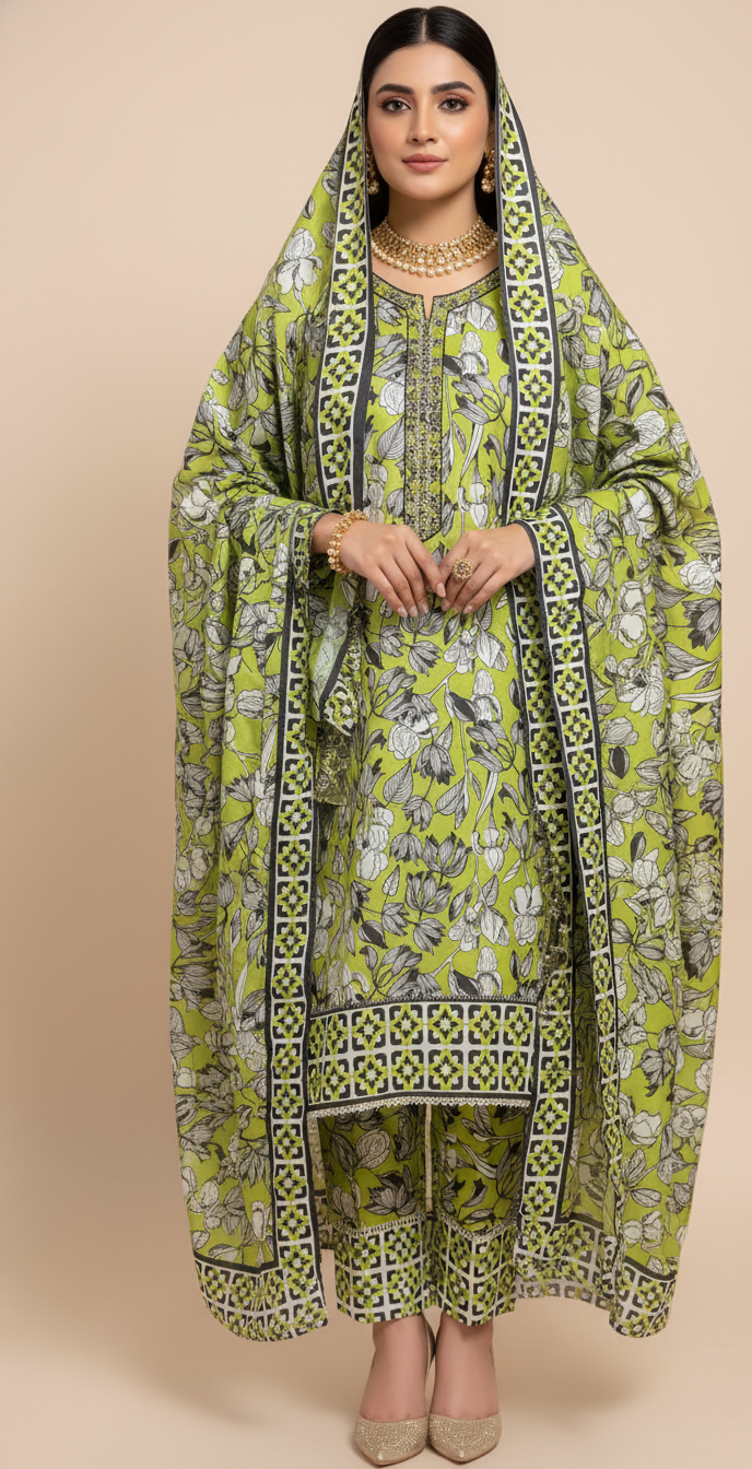 Vibrant Lime Green Crepe Silk Shalwar Kameez with Dupatta - Embroidered Floral Suit for Eid, Wedding & Party in UK | Pakistani Suits
