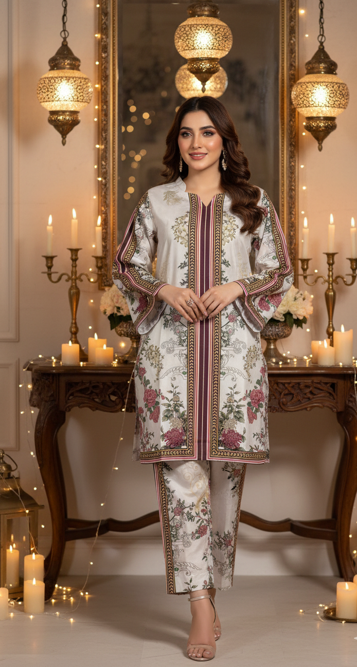 Elegant White & Maroon Silk Co-ord Set UK - Floral Printed Shalwar Kameez for Casual & Formal Events in UK | Pakistani Suits