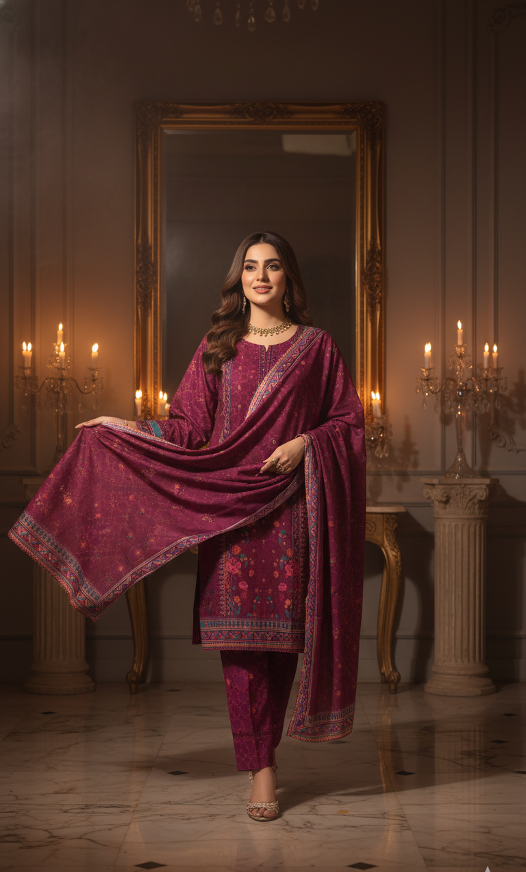 Luxurious Magenta Crepe Silk Shalwar Kameez with Dupatta - Printed Floral Suit with Lace for Eid, Wedding & Party in UK | Pakistani Suits - Ibrahimis