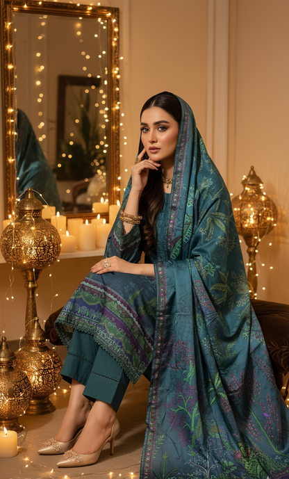 Luxurious Deep Teal Crepe Silk Suit with Dupatta - Embroidered Floral Print for Formal, Wedding & Party in UK | Pakistani Suits - Ibrahimis