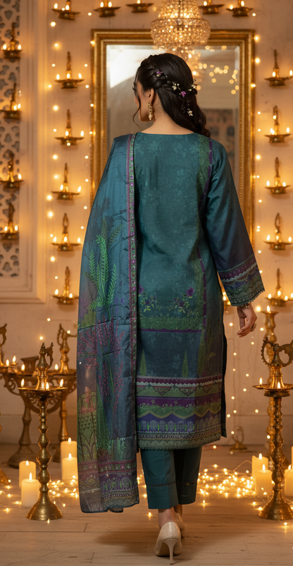 Luxurious Deep Teal Crepe Silk Suit with Dupatta - Embroidered Floral Print for Formal, Wedding & Party in UK | Pakistani Suits - Ibrahimis