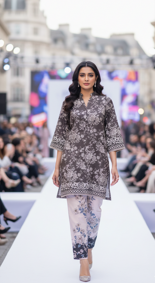 Chic Charcoal & White Silk Co-ord Set UK - Printed Floral Shalwar Kameez for Casual & Semi-Formal  in UK | Pakistani SuitsWear
