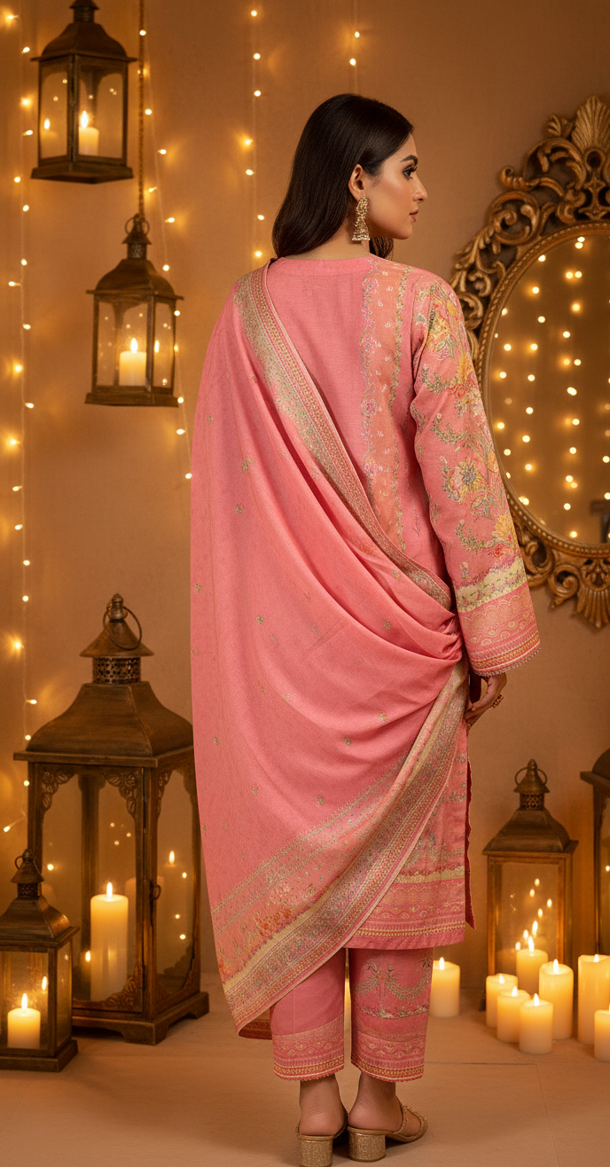 Elegant Coral Pink Crepe Silk Shalwar Kameez with Dupatta - Printed Formal Suit for Eid, Wedding & Party in UK | Pakistani Suits