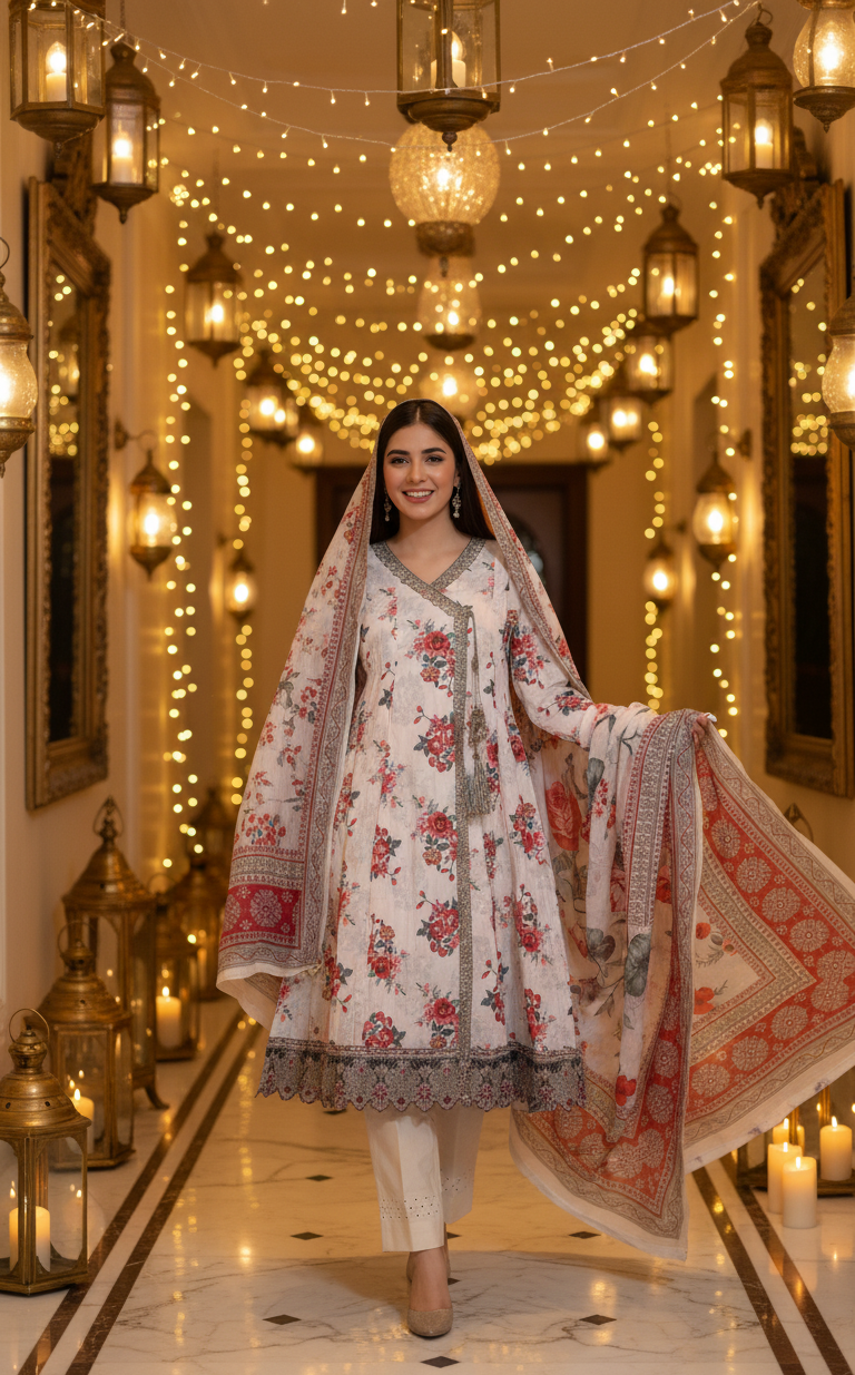 Elegant White Crepe Angrakha Frock with Dupatta - Embroidered Floral Suit for Wedding, Eid & Formal Party in UK | Pakistani Suits - Ibrahimis
