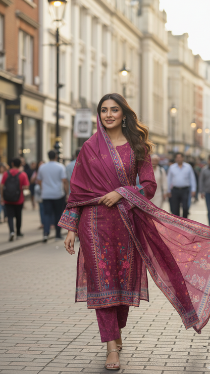 Luxurious Magenta Crepe Silk Shalwar Kameez with Dupatta - Printed Floral Suit with Lace for Eid, Wedding & Party in UK | Pakistani Suits - Ibrahimis