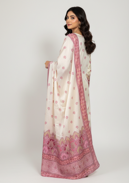 Pakistani Silk Shalwar Kameez Suit | Cream & Pink Printed Dupatta Set | Formal Party Wear UK | Pakistani Dresses