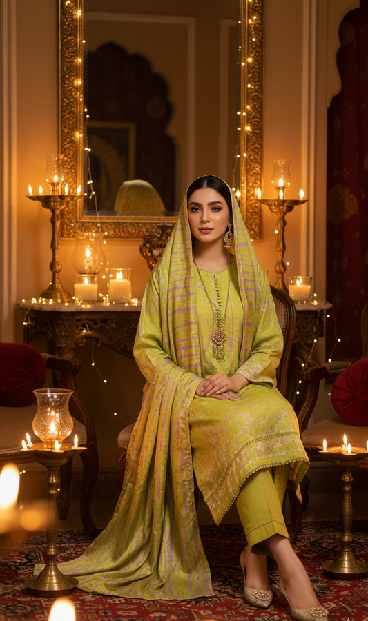 Vibrant Lime Green Crepe Silk Suit with Dupatta - Striped Print & Lace for Formal, Wedding & Party Wear in UK | Pakistani Suits