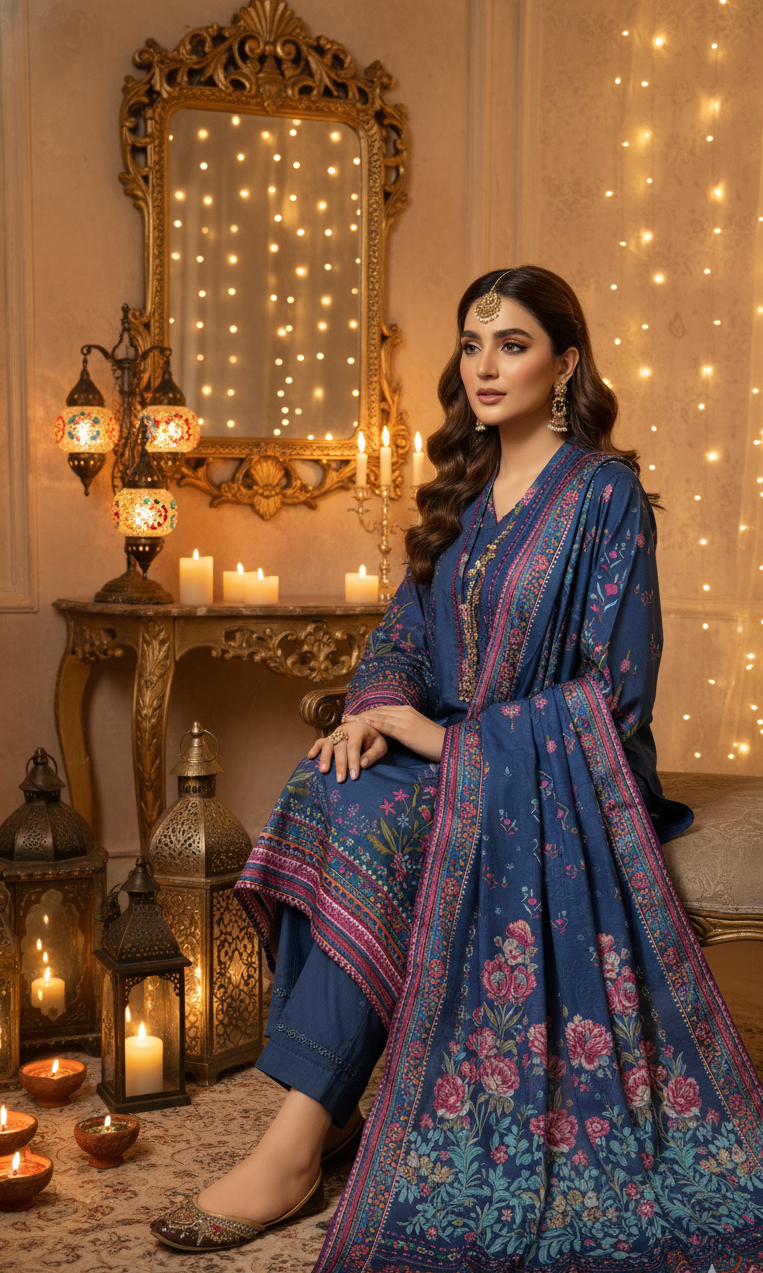 Exquisite Deep Blue Crepe Silk Shalwar Kameez with Dupatta - Printed Floral Suit for Eid, Wedding & Party  in UK | Pakistani Suits - Ibrahimis