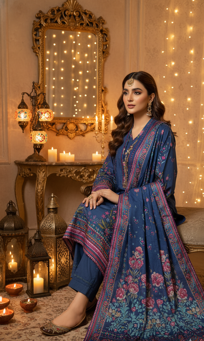 Exquisite Deep Blue Crepe Silk Shalwar Kameez with Dupatta - Printed Floral Suit for Eid, Wedding & Party  in UK | Pakistani Suits - Ibrahimis