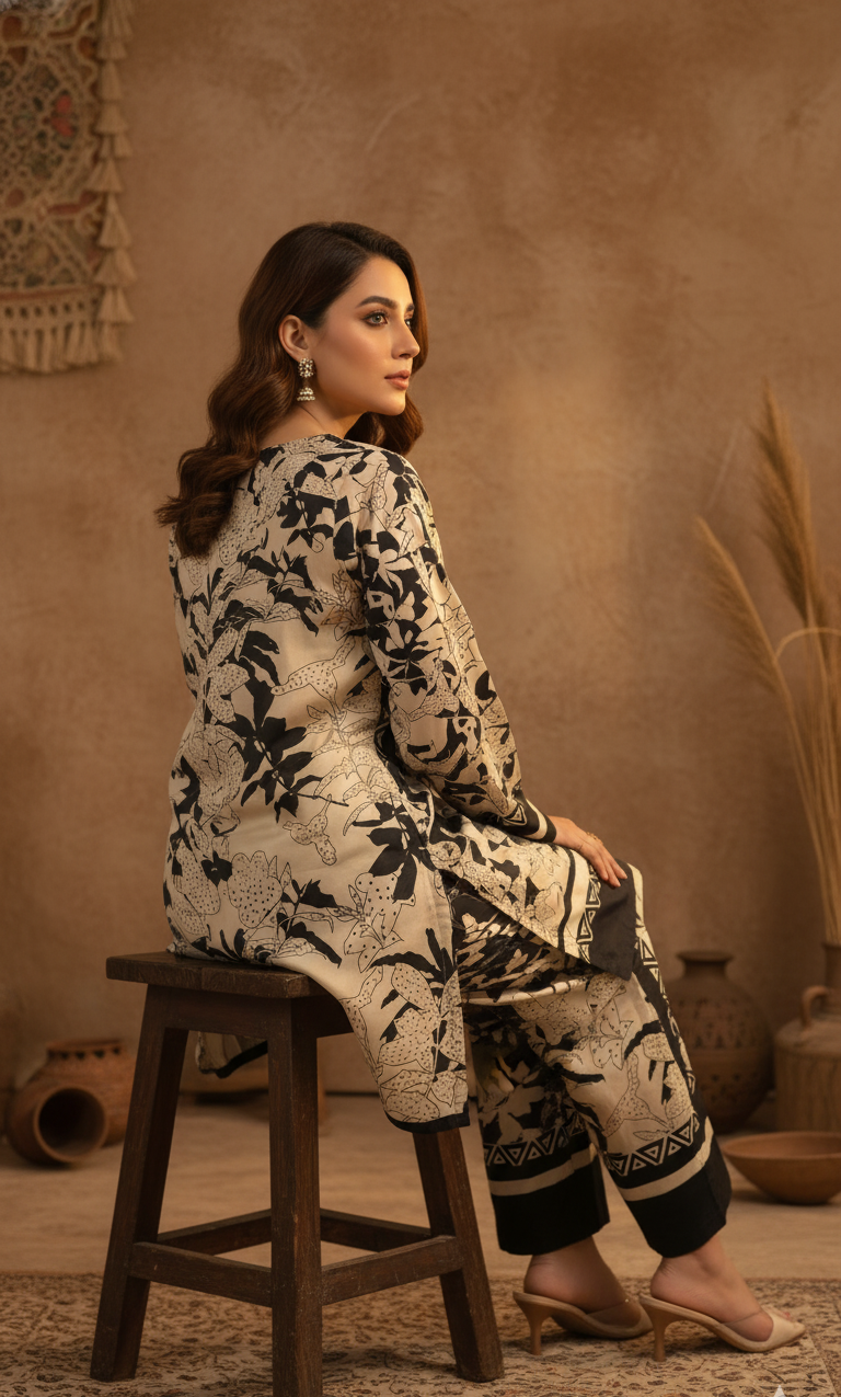 Monochrome Silk Co-ord Set UK - Black & Cream Floral Printed Shalwar Kameez for Formal & Casual Wear in UK | Pakistani Suits