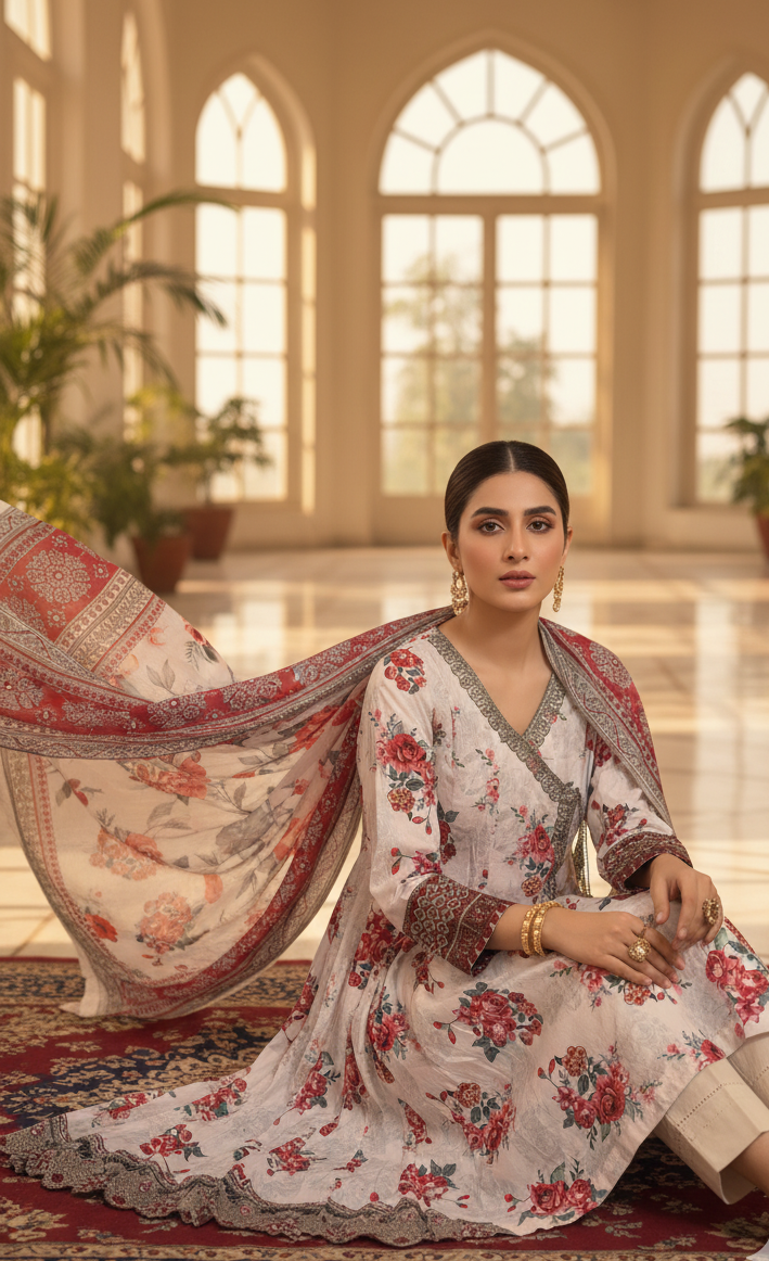 Elegant White Crepe Angrakha Frock with Dupatta - Embroidered Floral Suit for Wedding, Eid & Formal Party in UK | Pakistani Suits - Ibrahimis