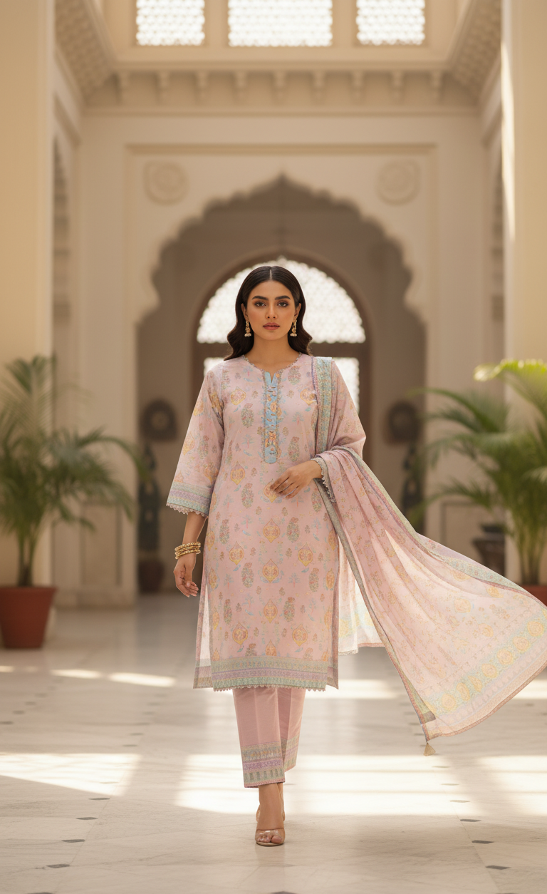 Ethereal Pale Pink Crepe Silk Suit with Lavender Dupatta - Embroidered Floral Design for Formal, Wedding & Party in UK | Pakistani Suits