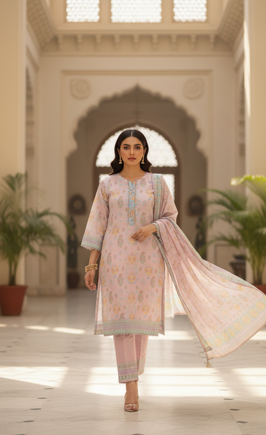 Ethereal Pale Pink Crepe Silk Suit with Lavender Dupatta - Embroidered Floral Design for Formal, Wedding & Party in UK | Pakistani Suits