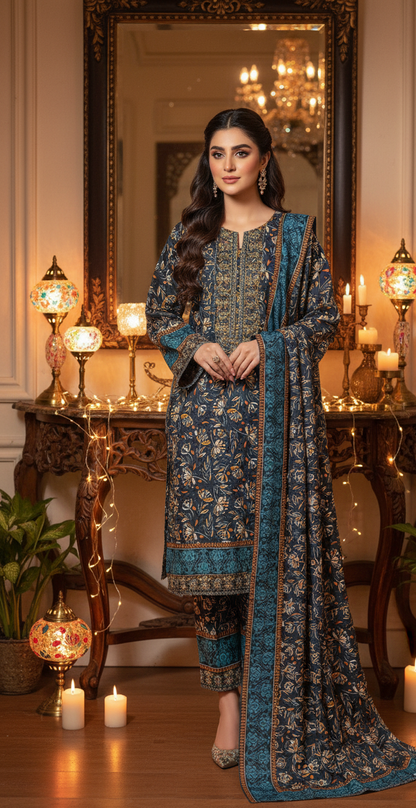 Sophisticated Dark Teal Crepe Silk Shalwar Kameez with Dupatta - Embroidered Floral Suit for Formal, Wedding & Party in UK | Pakistani Suits