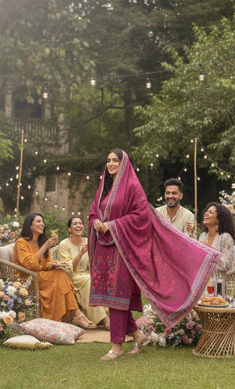 Luxurious Magenta Crepe Silk Shalwar Kameez with Dupatta - Printed Floral Suit with Lace for Eid, Wedding & Party in UK | Pakistani Suits - Ibrahimis