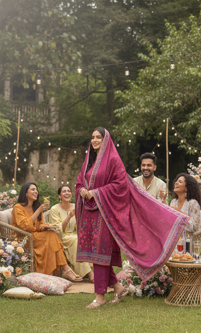 Luxurious Magenta Crepe Silk Shalwar Kameez with Dupatta - Printed Floral Suit with Lace for Eid, Wedding & Party in UK | Pakistani Suits - Ibrahimis