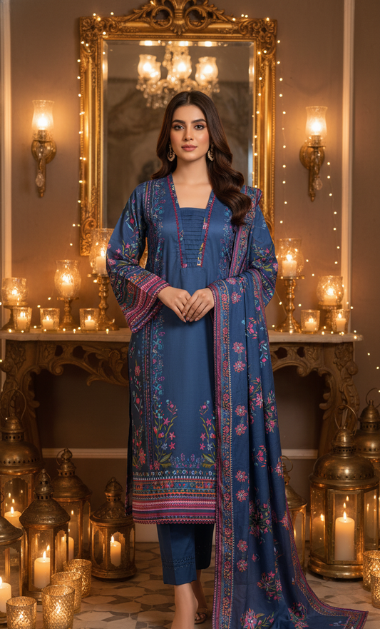 Exquisite Deep Blue Crepe Silk Shalwar Kameez with Dupatta - Printed Floral Suit for Eid, Wedding & Party  in UK | Pakistani Suits