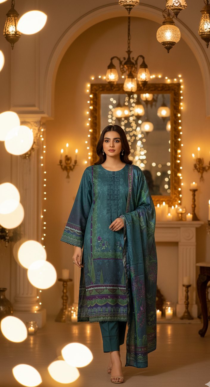 Luxurious Deep Teal Crepe Silk Suit with Dupatta - Embroidered Floral Print for Formal, Wedding & Party in UK | Pakistani Suits - Ibrahimis