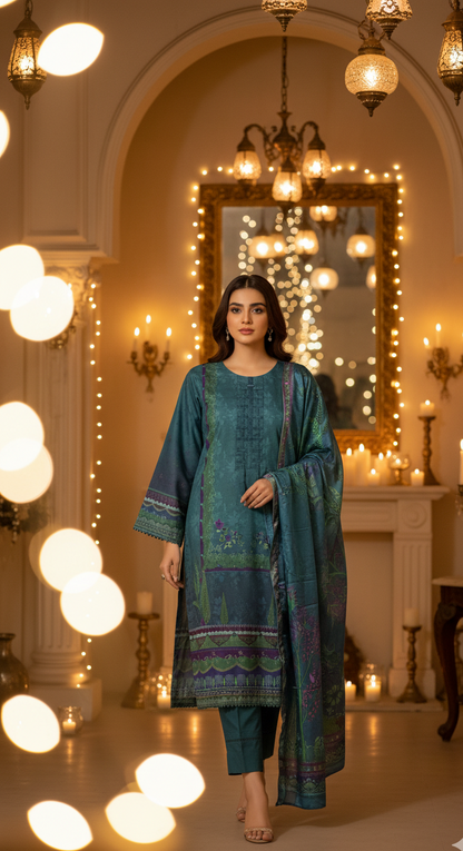 Luxurious Deep Teal Crepe Silk Suit with Dupatta - Embroidered Floral Print for Formal, Wedding & Party in UK | Pakistani Suits - Ibrahimis