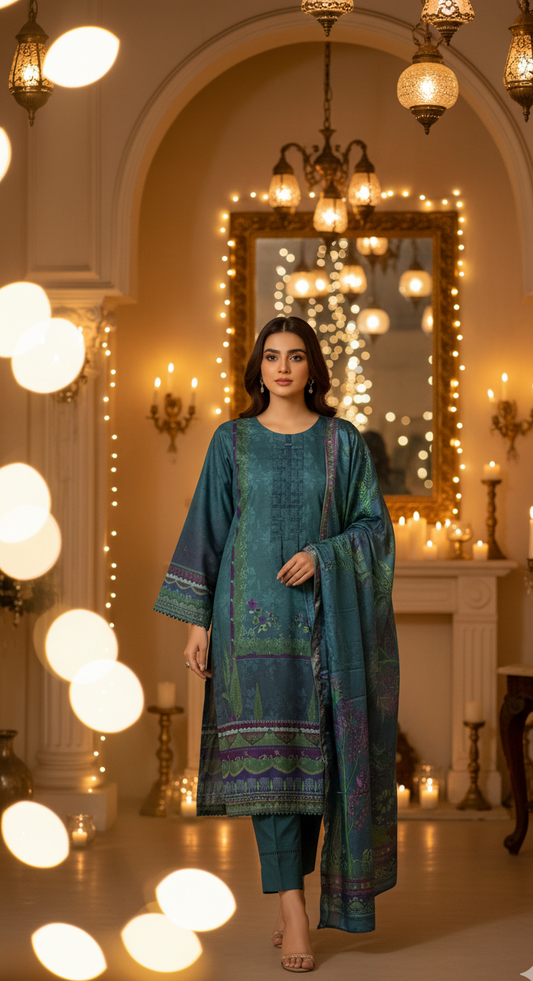 Luxurious Deep Teal Crepe Silk Suit with Dupatta - Embroidered Floral Print for Formal, Wedding & Party in UK | Pakistani Suits