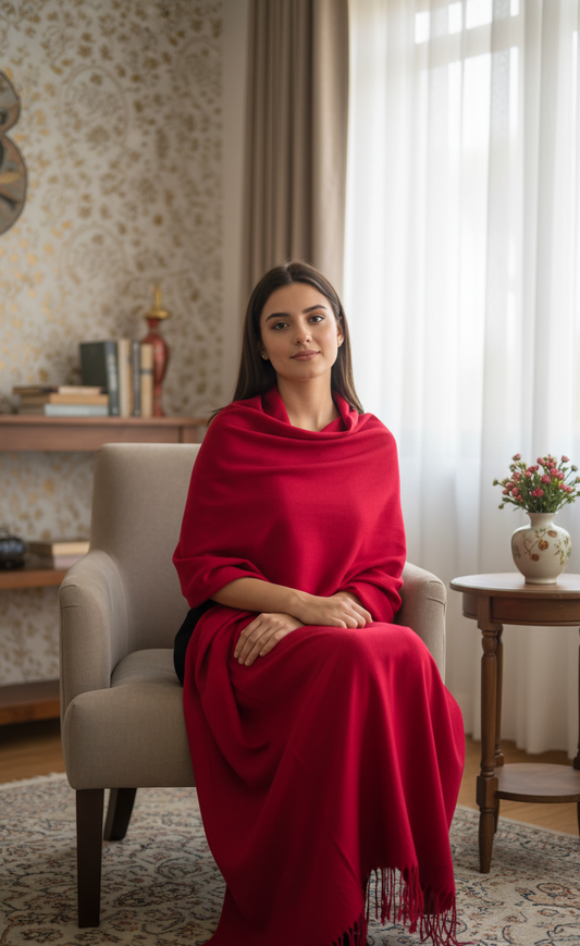 Luxury Scarlet Red Pure Pashmina Wool Shawl | Hand-Woven Bridal Stole in UK | Pakistani Shawls & Stoles