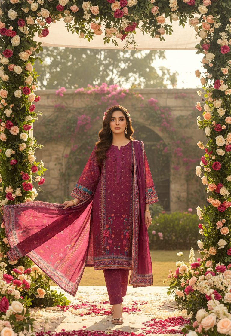 Luxurious Magenta Crepe Silk Shalwar Kameez with Dupatta - Printed Floral Suit with Lace for Eid, Wedding & Party in UK | Pakistani Suits - Ibrahimis